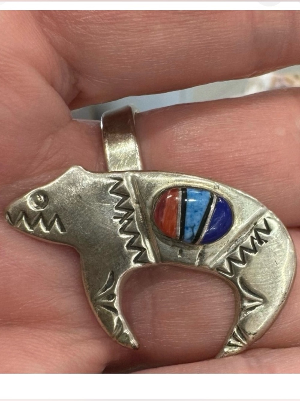 Vintage Zuni Signed Sterling Silver Fetish Bear brooch with Turquoise inlay.